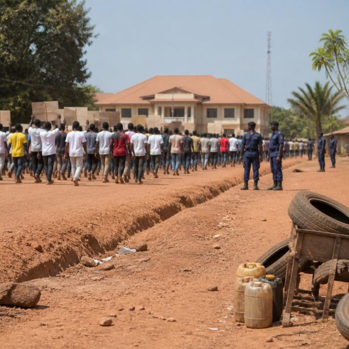 Des jeunes manifestants de dos brandissent des pancartes lors d'une marche à Bandundu-ville pour réclamer l'asphaltage de la RN17