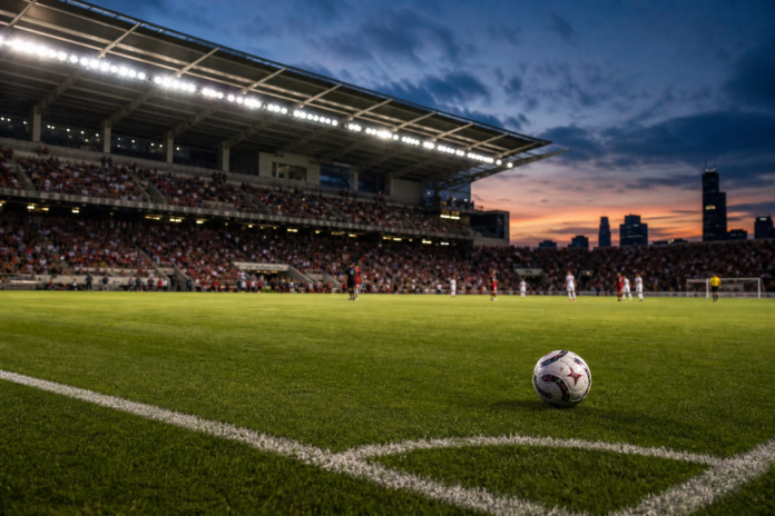Illustration editoriale d un stade apres la victoire 4-2 de Leeds United contre Liverpool a Chicago.