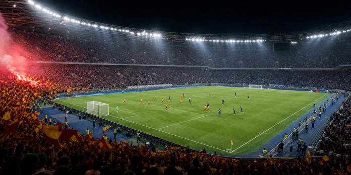 Illustration editoriale d un grand stade francais en soiree pendant la victoire 1-0 du RC Lens contre le PSG.
