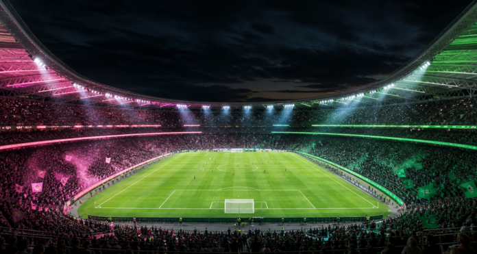Vue large d un stade americain avec une equipe rose face a une equipe verte dans un match nocturne.