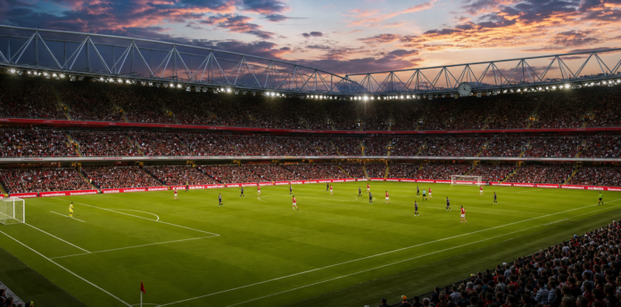 Illustration editoriale d un grand stade anglais en soiree pendant la victoire de Liverpool contre Come.