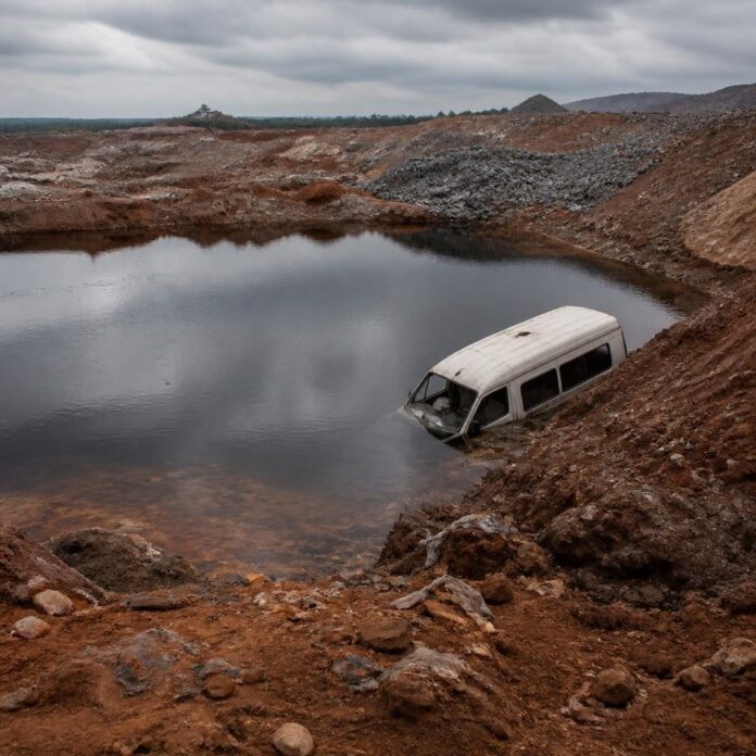 Ancien bassin minier rempli d'eau boueuse entouré de terrains dégradés et de résidus miniers à Kakanda, au Lualaba