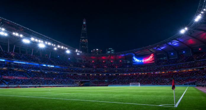 Illustration editoriale d un grand stade asiatique apres la victoire de Manchester City contre l Atletico Madrid.