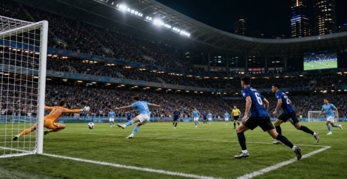 Scene de football de nuit entre une equipe ciel et une equipe bleu fonce dans un grand stade asiatique.