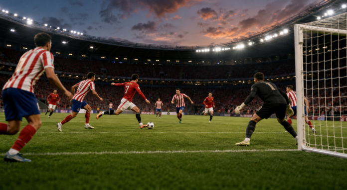 Scene offensive dans un grand stade entre une equipe rouge et une equipe rouge et blanche.