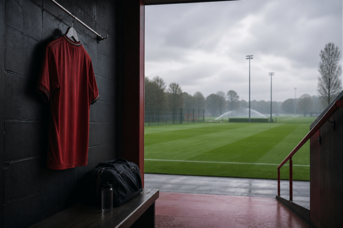 Illustration editoriale d un tunnel de stade ouvrant sur un terrain d entrainement anglais pour evoquer un grand transfert de milieu de terrain.