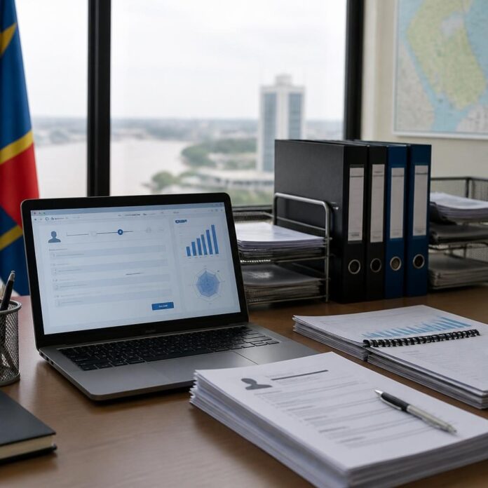 Ordinateur avec formulaire de candidature en ligne et documents d'entreprise sur un bureau à Kinshasa