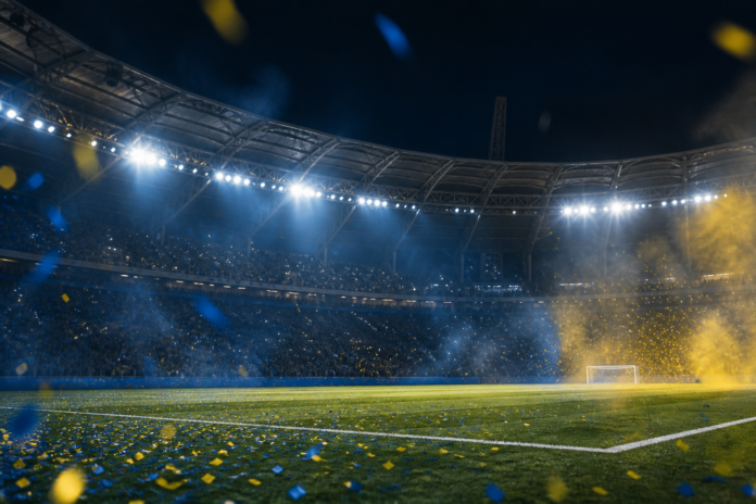 Illustration editoriale d un grand stade sous les projecteurs apres la remontee 3-2 d Al-Nassr contre Al-Ettifaq.