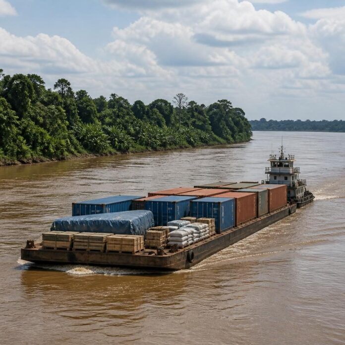 Barge de fret chargée de conteneurs sur le fleuve près de Kindu, poussée par un bateau, avec végétation tropicale