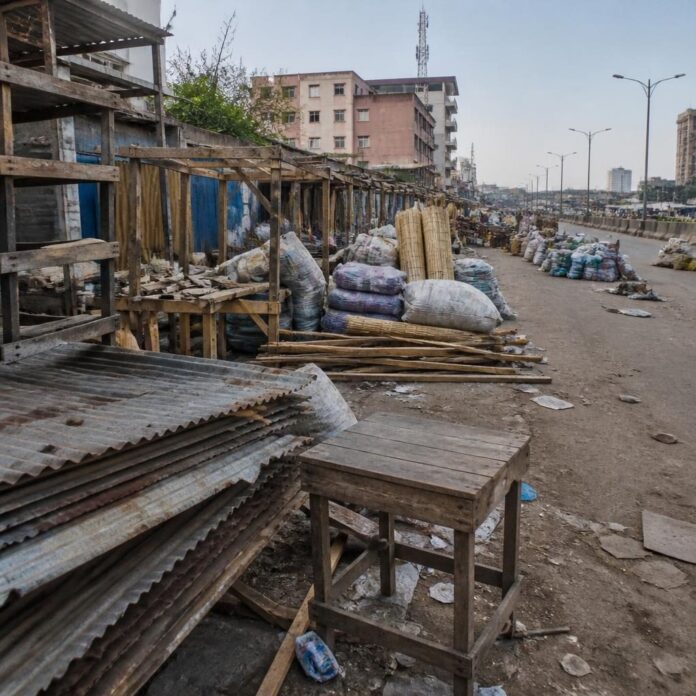 Commerçants démontant des étals en tôle au marché Sakombi à Kinshasa