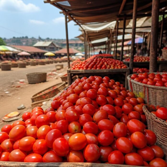Étal de tomates rouges sur un marché à Mbuji-Mayi, avec des clients en arrière-plan