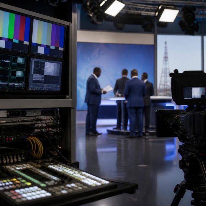 Inspection des équipements de diffusion TNT dans un studio de télévision à Kinshasa avec des responsables en costume examinant des documents
