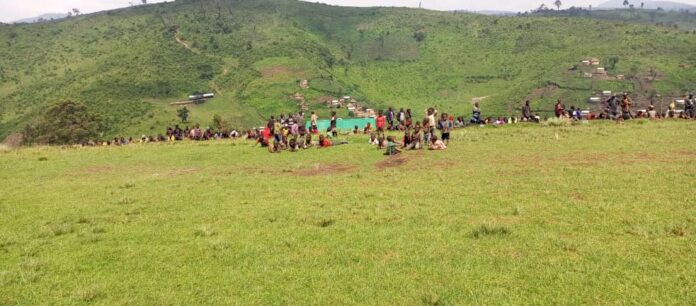 Enfants jouant près de hautes herbes dans le groupement de Miti, zone à risque de tiques au Sud-Kivu