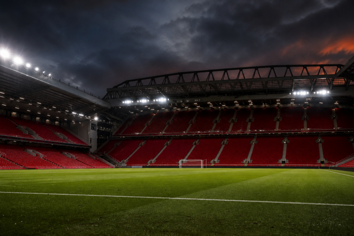 Illustration editoriale d un stade anglais apres la victoire de Monaco contre Liverpool.