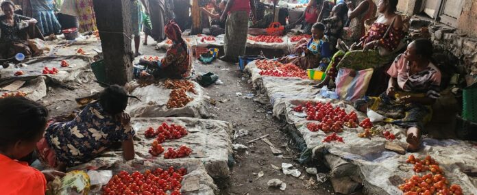 Étals de vendeurs installés le long d'une avenue à Mwene-Ditu