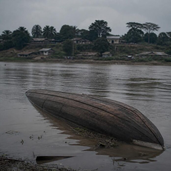Pirogue chavirée sur la rivière Lulua avec des villageois sur la berge