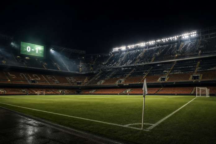 Illustration editoriale d un stade vide apres la victoire 1-0 du Betis a Valence grace a un but tardif.