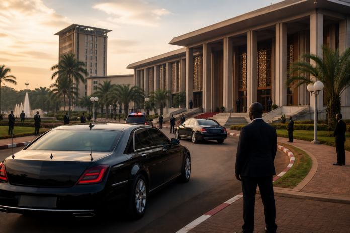 Illustration editoriale d un convoi officiel arrivant devant un palais gouvernemental a Yaounde.