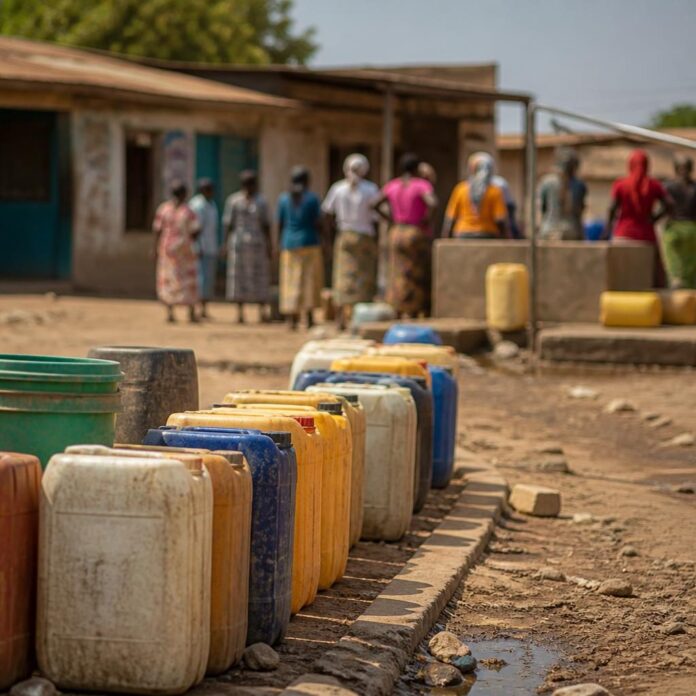Longues files de bidons devant une borne-fontaine à Kindu, avec des habitants en attente