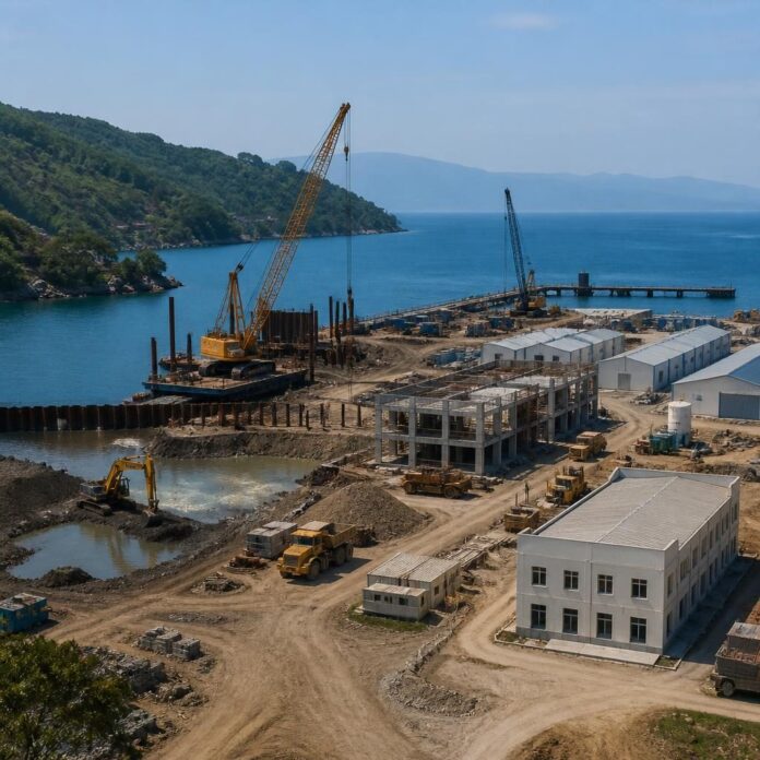 Vue du chantier de construction du port industriel de Mtoa avec des équipements de dragage et des entrepôts en bord du lac Tanganyika