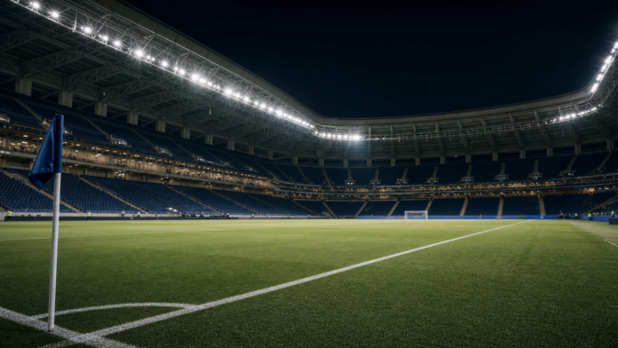 Illustration editoriale neutre d un stade portugais sous les projecteurs apres la victoire 2-0 du FC Porto contre Arouca.