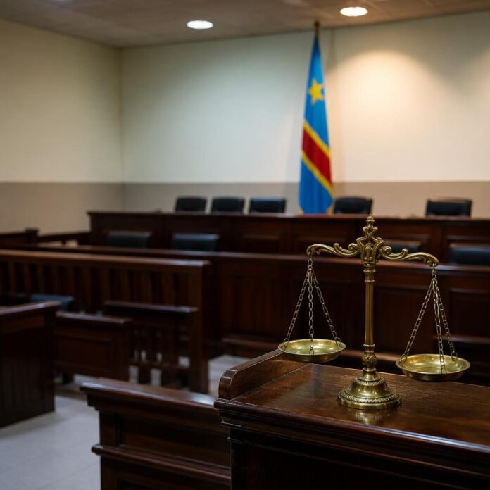 Salle d'audience du tribunal militaire de Kinshasa avec balance de justice et drapeau congolais, lors du procès de Rebo Tchulo
