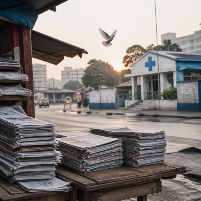 Un kiosque à journaux à Kinshasa avec des piles de quotidiens en français, évoquant les thèmes de la paix et de la santé