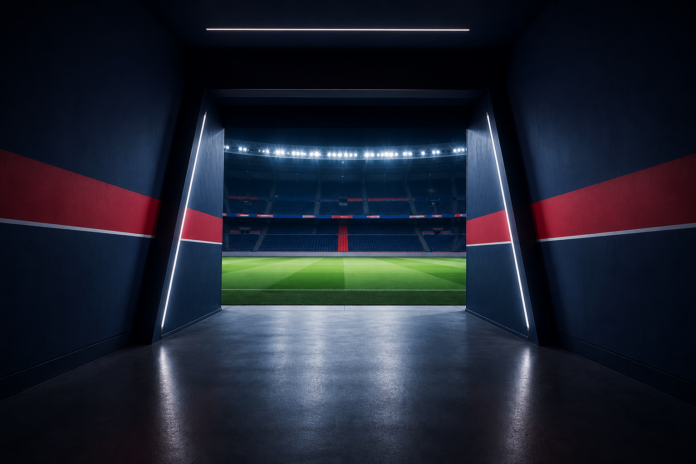 Illustration editoriale d un tunnel de stade bleu et rouge pour l arrivee de Ferran Torres au PSG.