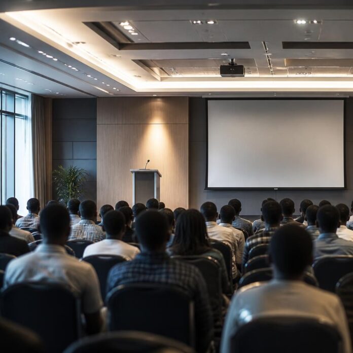 Salle de conférence avec des étudiants et des panneaux sur l'économie lors de la Semaine de l'étudiant à Kinshasa
