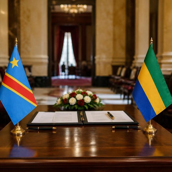 Poignée de main entre les présidents congolais et gabonais lors de la signature des accords à Libreville