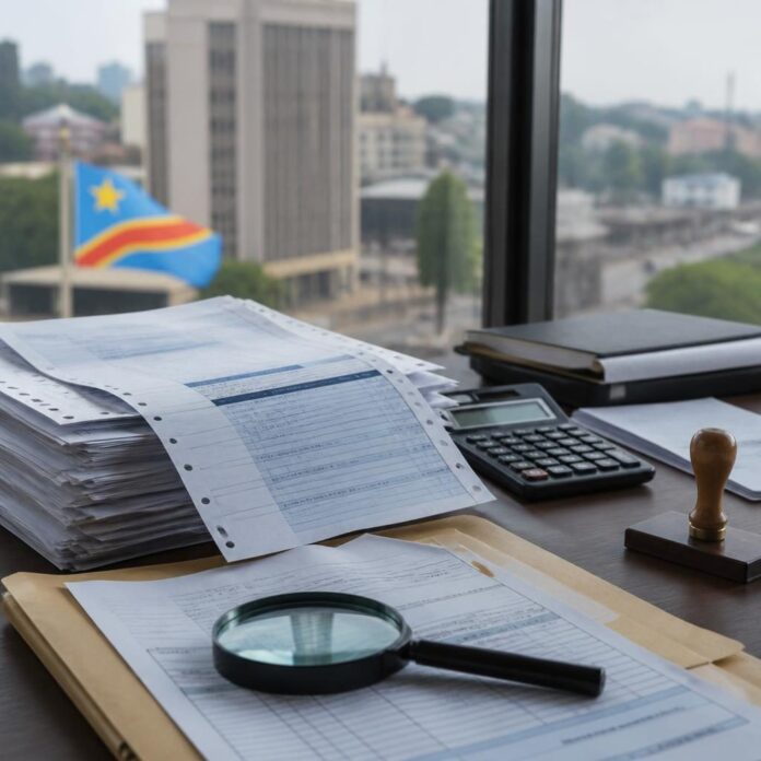 Documents de facture normalisée et calculs de TVA sur un bureau, symboles de la réforme fiscale en RDC