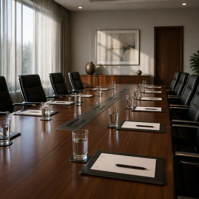 Salle de réunion diplomatique avec table, chaises, dossiers et stylos, symbolisant les négociations de paix en RDC