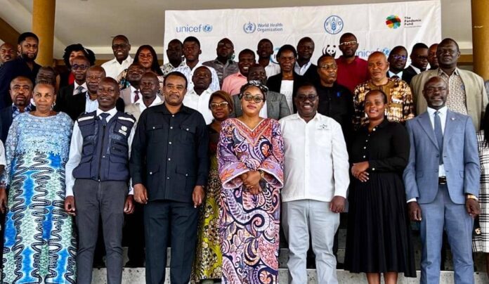 Réunion de coordination sanitaire entre la RDC et l'Ouganda, avec des cartes épidémiologiques sur la table