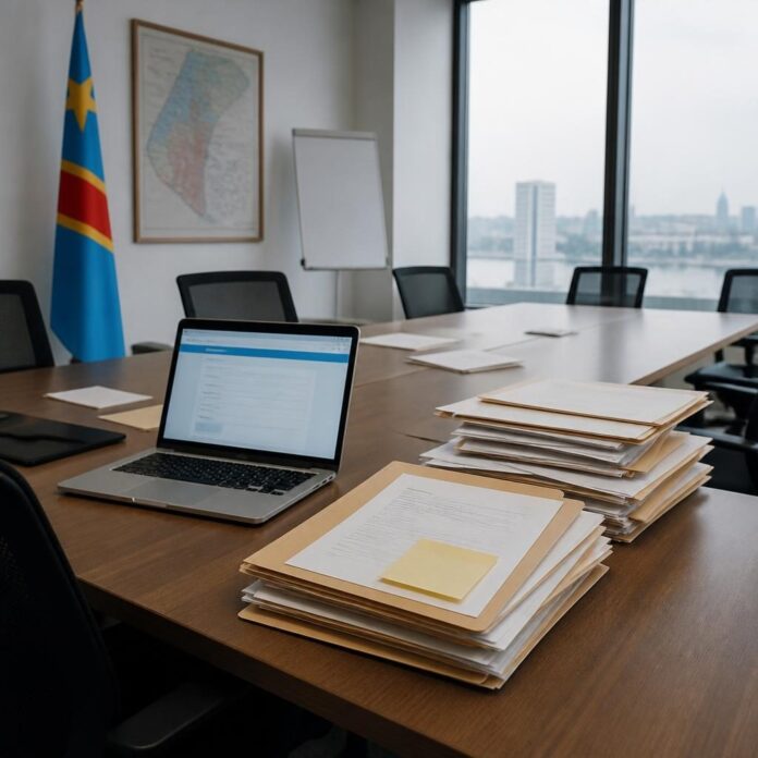Bâtiment administratif d'une entreprise d'État à Kinshasa avec affiche d'appel à candidatures