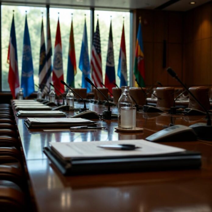 Salle de réunion diplomatique à Genève avec drapeaux et documents