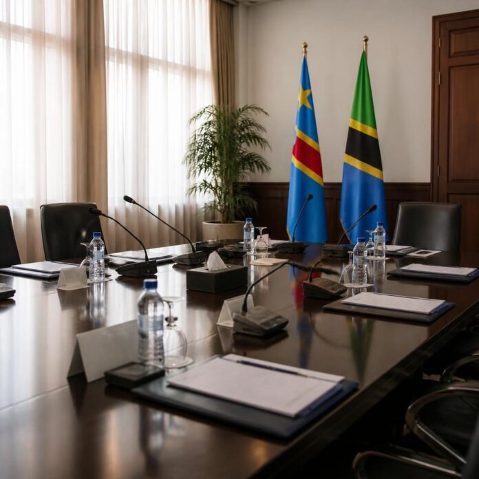 Poignée de main entre les présidents congolais et tanzanien lors d'une réunion diplomatique à Zanzibar