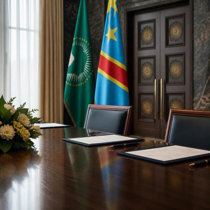 Cérémonie de signature de l'accord pour l'installation du bureau de l'AUDA-NEPAD à Kinshasa avec des officiels autour d'une table