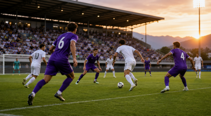Scene de match entre une equipe en blanc et une equipe en violet lors d un amical entre Real Madrid et Fiorentina.