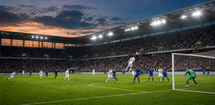 Illustration editoriale d un stade allemand au crepuscule pendant le succes 3-0 du Real Madrid contre Schalke.