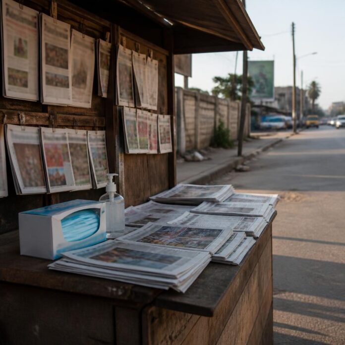 Kiosque à journaux à Kinshasa avec les unes sur la réforme constitutionnelle et l'épidémie d'Ebola