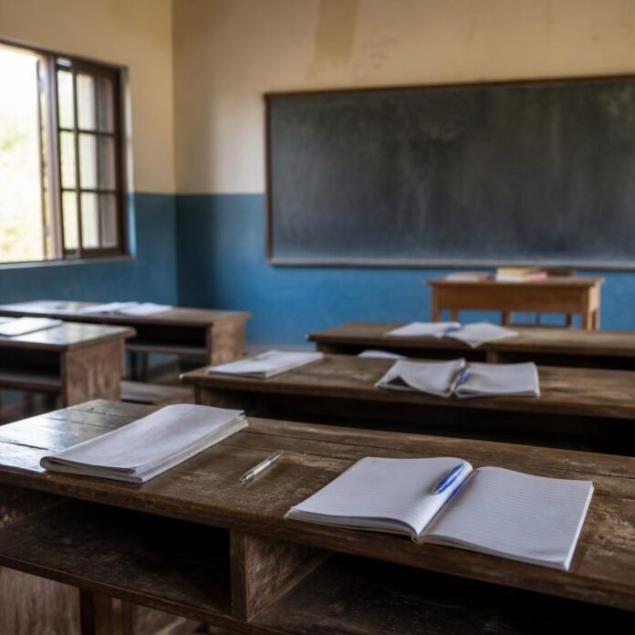 Salle de classe avec pupitres et fournitures scolaires en République démocratique du Congo, illustrant la préparation de la rentrée