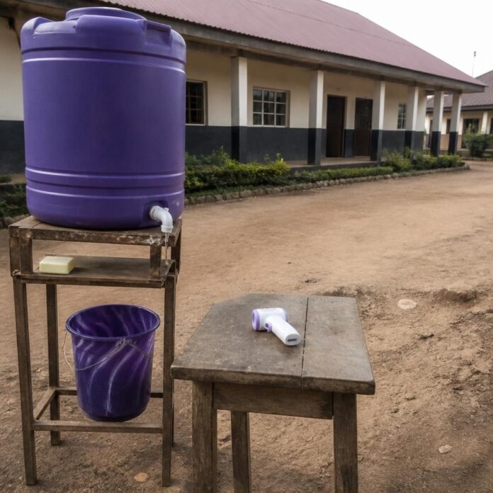 Entrée d'une école équipée d'un thermoflash et d'un poste de lavage des mains pour prévenir Ebola