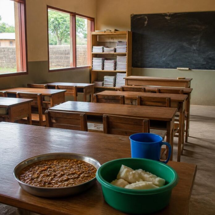 Salle de classe vide avec des pupitres en bois, un tableau noir et des livres, évoquant la rentrée scolaire