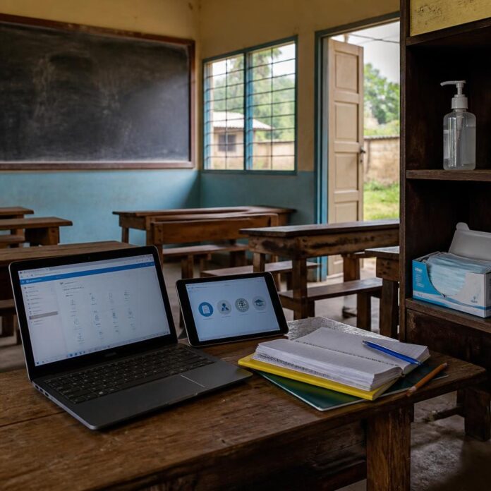 Des cahiers, un ordinateur et des masques de protection sur un pupitre dans une classe d'une zone à haut risque d'Ebola