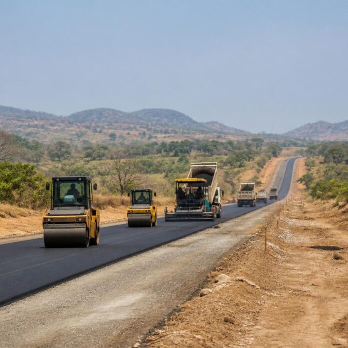 Engins de chantier sur la route nationale 1 entre Nguba et Lubudi pendant les travaux d'asphalte
