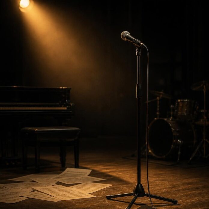 Microphone sur scène avec un jeu de lumières chaudes évoquant l'univers musical de Samy Palila