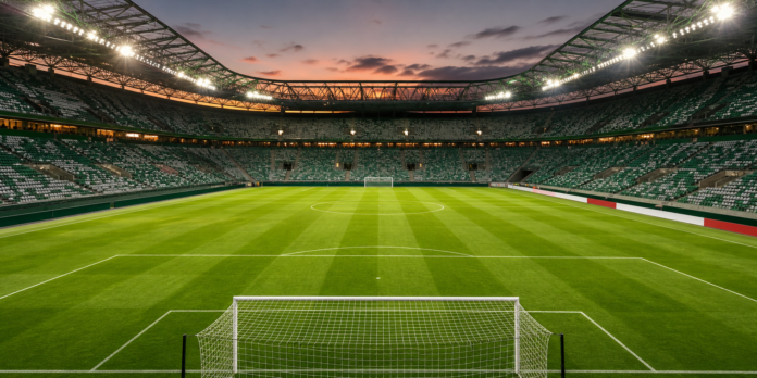Illustration editoriale d un stade portugais apres la victoire du Sporting contre Nottingham Forest.