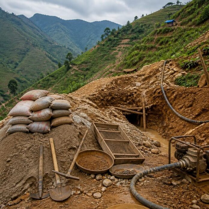 Site d'orpaillage artisanal avec outils et sacs de minerais dans les collines de Mwenga, au Sud-Kivu