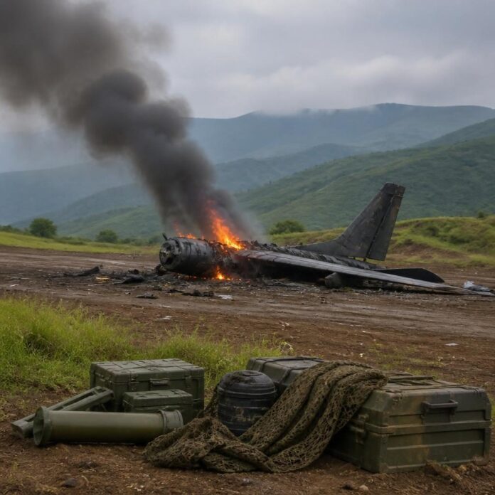Épave d'un avion en feu dans une zone de collines, avec des débris éparpillés sur le sol
