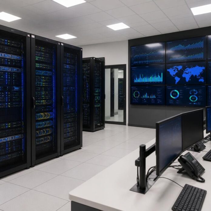 Armoires de serveurs et écrans de supervision dans le centre de contrôle de l'ARPTC